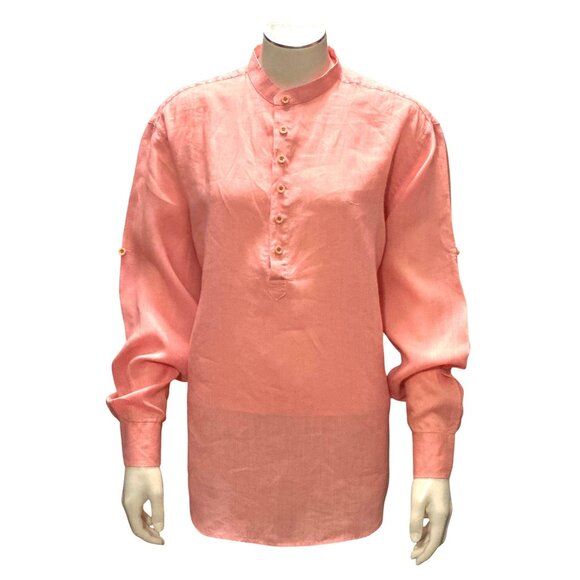 CCC Pastel Pink Button Up Long Sleeve Linen Tunic Top With Mandarin Collar Large - Picture 1 of 6